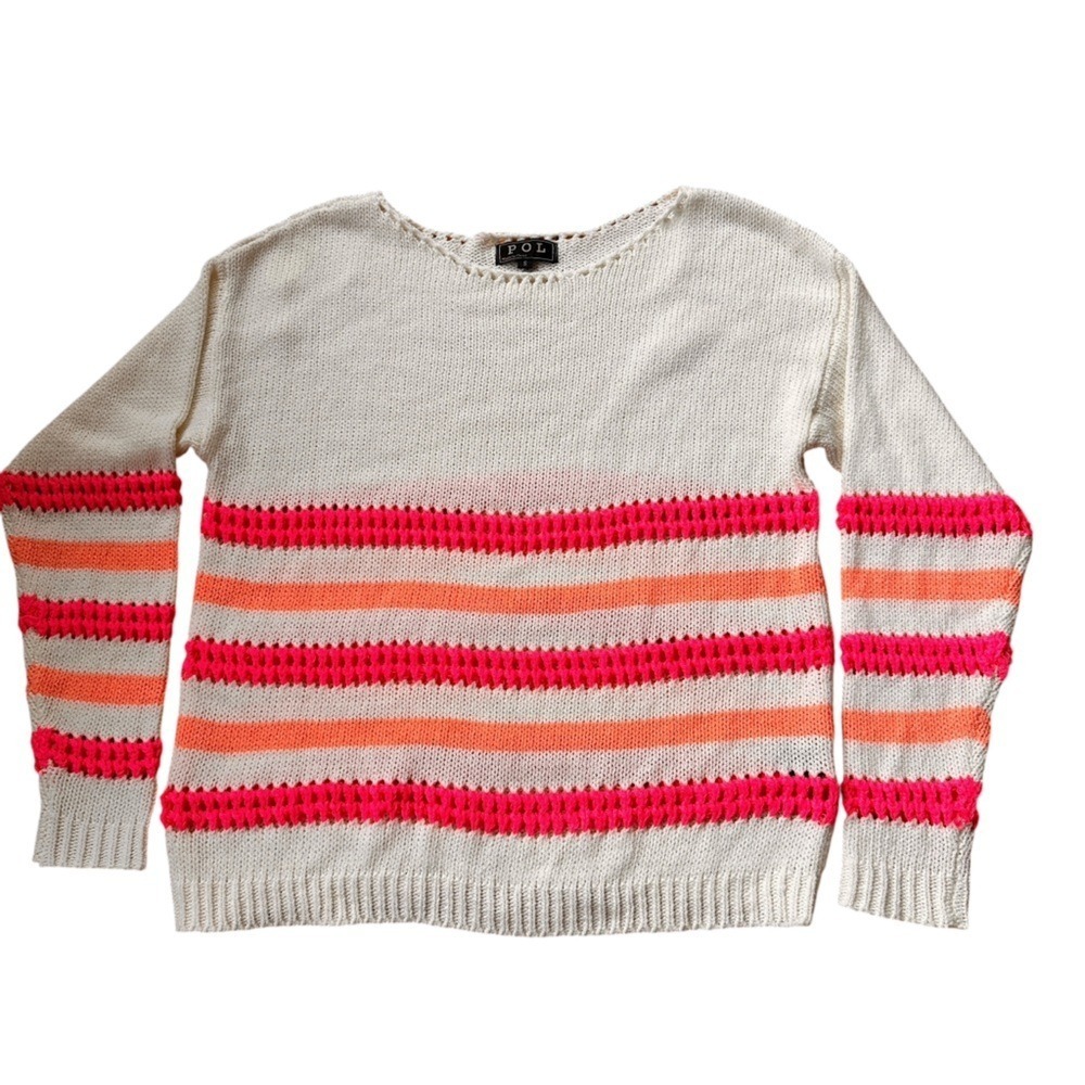 POL Striped Knit Sweater Womens Small White Pink Orange Excellent GA22 Open Knit